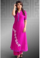 Shocking Pink Thread Embroidered Linen Suit