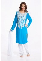 White/Turquoise Thread Embroidered Georgette Suit