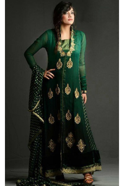 Dark Green Crinkle Chiffon Front Open Style Suit