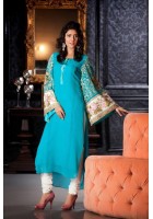 Turquoise Thread Embroidered Chiffon Suit