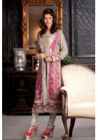 Grey Thread Embroidered Gown Style Chiffon Suit