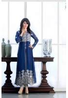 Navy Blue Thread Embroidered Front Open Chiffon Suit