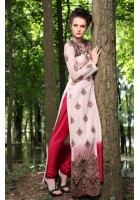 Tea Pink/Red Thread Embroidered Front Open Crinkle Chiffon Suit