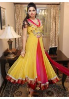 Yellow/Red Crinkle Chiffon Frock Style Suit